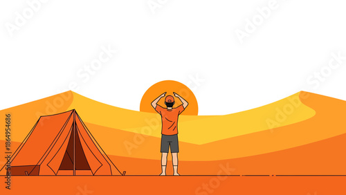 Serene Desert Morning Scene With Tent And Silhouette Of Man Enjoying The Sunrise