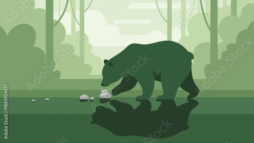 Serene Forest Scene With Bear Inspecting Stones By Water's Edge Reflection