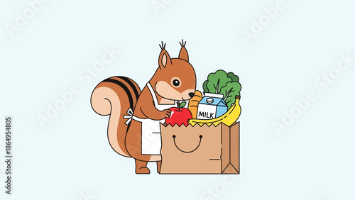 Squirrel Grocery Shopping With Fresh Produce In A Paper Bag Illustration