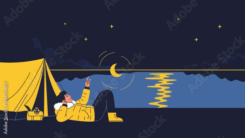 Serene Nightscape Hiker Gazing At Crescent Moon While Relaxing By The Lake