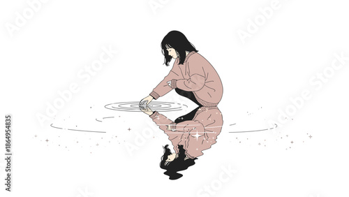 Serene Reflection: Woman Touching Water With Ripples and Glimmering Stars