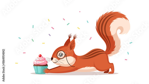 Squirrel Stealing Delicious Pink Cupcake With Cherry Topping Cartoon Vector Design