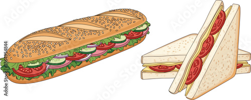 Vector illustration of a fresh baguette sub sandwich with sesame seeds and triangles of club sandwiches with tomato and cheese