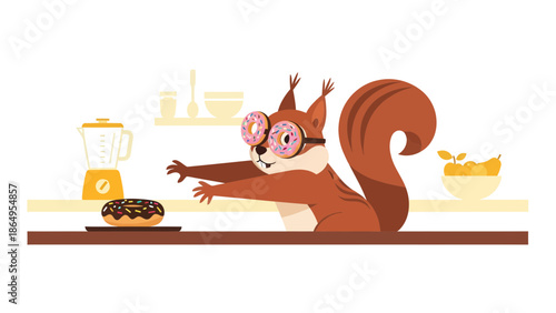 Squirrel With Donut Glasses Reaching For Another In a Bright Kitchen