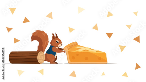 Squirrel's Autumn Feast A Whimsical Cartoon Featuring Pie And Log Illustration