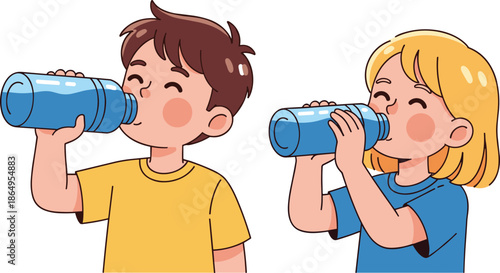Cute cartoon children drinking water from bottles illustration showing healthy hydration habits smiling boy and girl isolated on white background