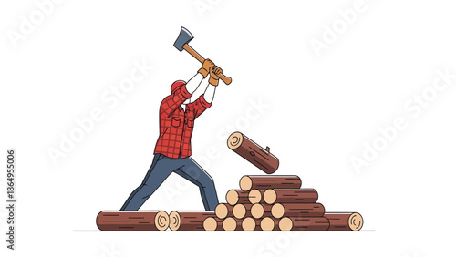 Strong Lumberjack Splitting Wood With Axe, Forestry Worker Felling Trees