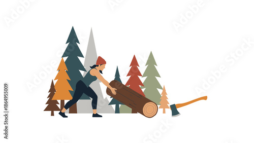 Strong Woman Lumberjack Rolling Log In Forest Vector Illustration Design