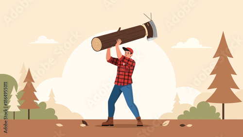 Strong Lumberjack Lifting Heavy Log With Axe In Woodland Flat Illustration