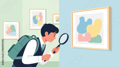 Student Examining Art With Magnifying Glass In Gallery Education Concept