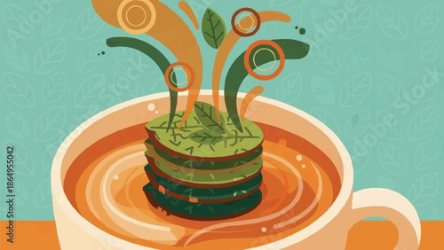 Layered tea leaves steeping in swirling hot infusion, aromatic herbal drink illustration