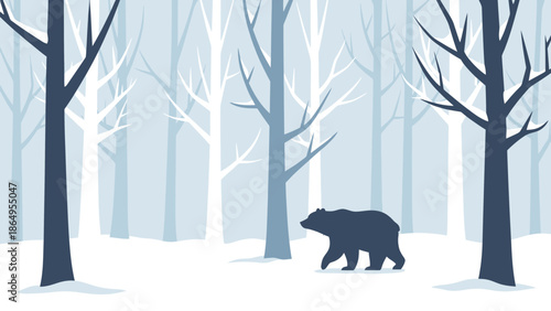 Silhouette Of A Bear Walking Through A Winter Forest With Bare Trees