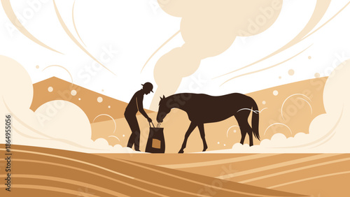 Silhouette Illustration Of Farmer Feeding His Horse On The Field Farm