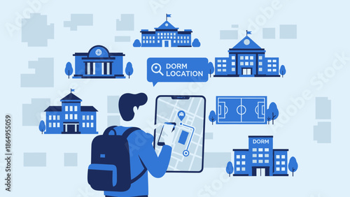 Student Navigating College Campus Using Mobile App For Dorm Location Search