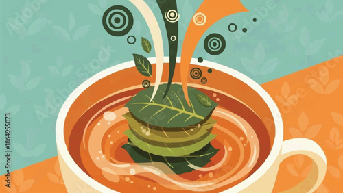 Layered tea leaves steeping in swirling hot infusion, aromatic herbal drink illustration