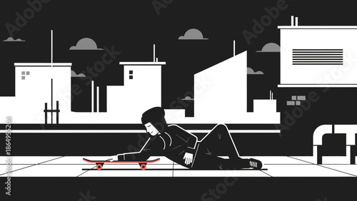 Skateboarder Resting On A Rooftop In Monochrome Style With Urban Background