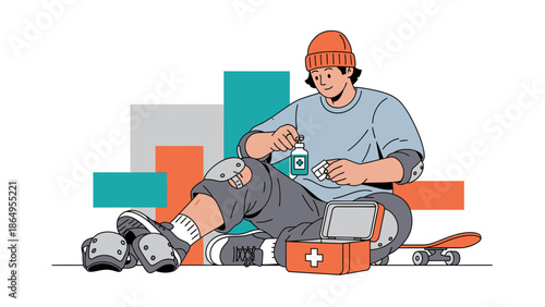Skateboarder Taking Care Of Injuries Using First Aid Kit After A Skate Session