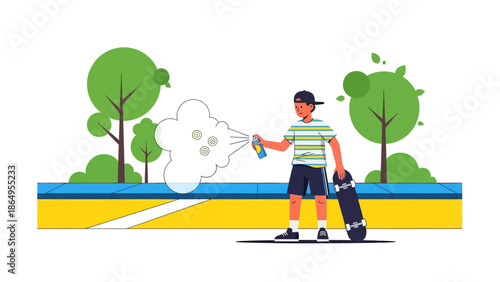 Skater Creates Artistic Display Of Aerosol Paint With Skate In The City Park