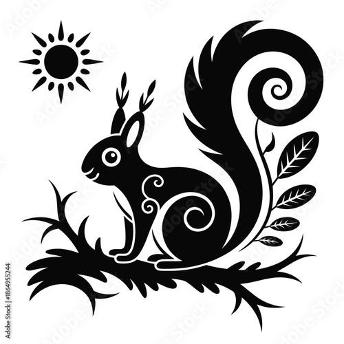 Stylized squirrel on a branch isolated on white background, Vector, illustration