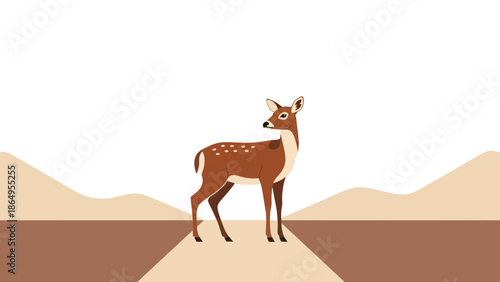 Stylized Fawn Illustration With Brown Mountains Against A White Background Scene