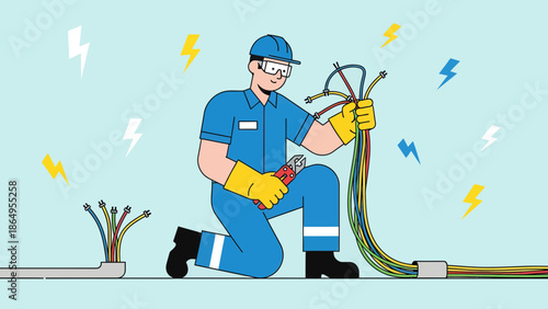 Skilled Electrician Performs Wiring Operations With Safety Gears and Equipments
