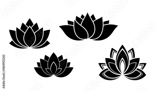 Decorative lotus flower silhouette vector collection of three floral icons in geometric and organic styles