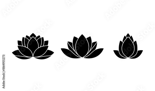Minimalist lotus flower silhouettes vector set of three elegant floral symbols isolated on white background