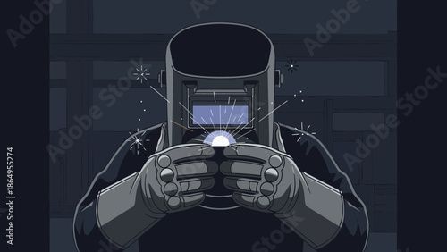 Skilled Welder At Work Performing Welding With Safety Gear In Dark Environment