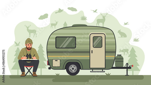 Sketching Wildlife At Campsite Scene With Vintage Camper Trailer And Forest Animals