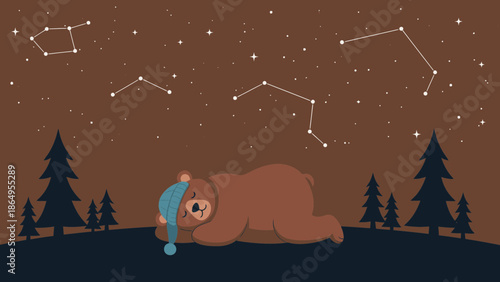 Sleeping Bear Under Constellations At Night In The Forest Peaceful Dreamscape