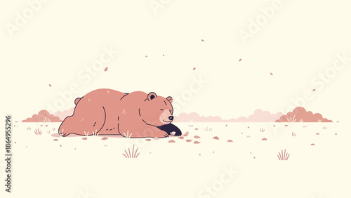 Sleeping Bear With A Cute Friend Peacefully Resting In Natural Landscape
