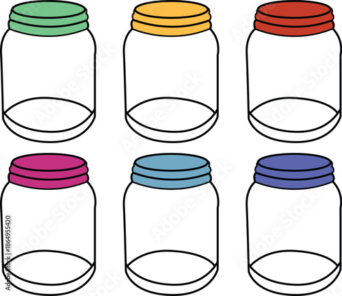 Isolated set of glass jars with jam and transparent empty glassware containers featuring white lids and blank caps for food or liquid storage