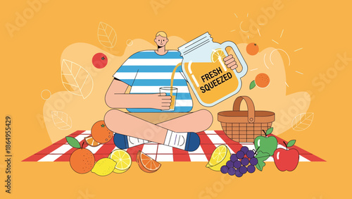 Summer Picnic With Fresh Squeezed Juice And Fruits For Outdoor Relaxation