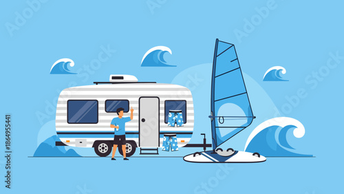 Summer Vacation Adventure With Windsurfing And Travel Trailer By The Seaside