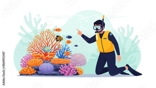 Snorkeler Exploring Colorful Coral Reef And Tropical Fish Marine Life Illustration