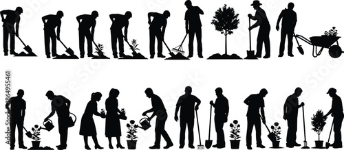 Gardening silhouettes collection showing people planting digging watering raking trees and plants outdoor garden work black vector illustration set