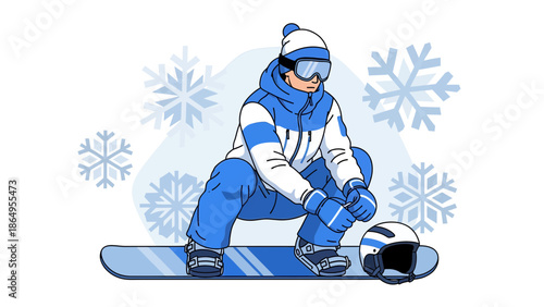 Snowboarder Getting Ready On The Slope With Snowflakes On The Background