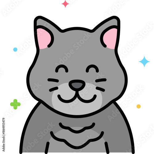 Smiling gray cat cartoon with rounded cheeks, pink ears and layered chest fur, calm cuddly kitty character illustration for children’s storybooks, stickers, posters, pet brands and cute decor

