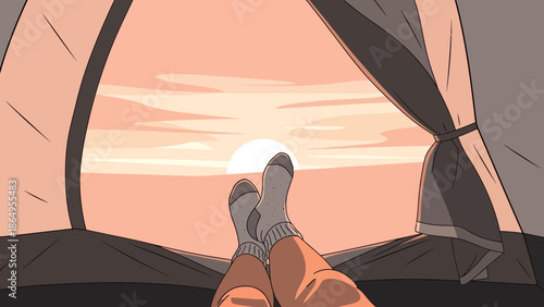 Sunrise View From Inside The Tent With Legs On The Foreground Illustration