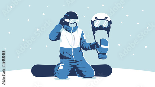 Snowboarder Gears Up For Winter Adventure On A Snowy Mountain Peak