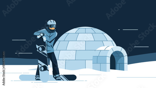 Snowboarder Posing Next To Igloo In The Arctic Winter Landscape Flat Vector