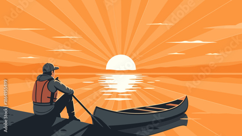 Sunset Serenity Man Contemplating Nature Alongside Canoe Adventure Scenery