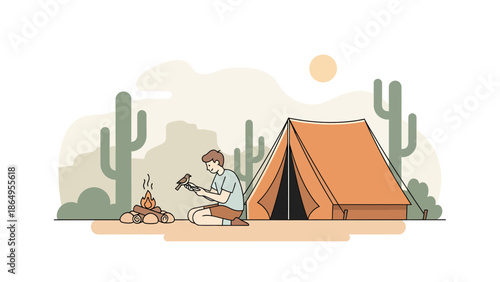 Solitary Camping Adventure Man Bonding With Nature And Bird Minimalist Illustration