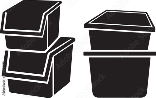 Black takeout containers with white outlines on clean background