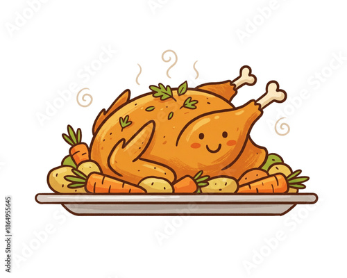 A cute cartoon of a funny roast chicken bird on a dinner plate with meat design elements for a fun Thanksgiving food animal celebration