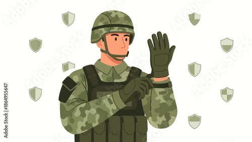 Soldier Preparing For Military Mission And Wearing Protective Gloves And Helmet
