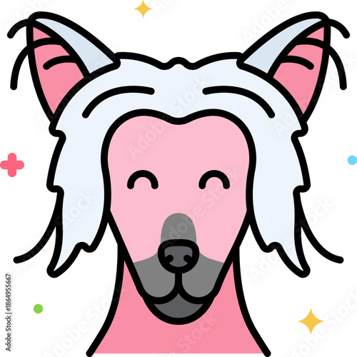 Whimsical pink dog cartoon with long white fluffy hair and tall ears, quirky fashionable pup illustration perfect for kids storybooks, stickers, pet salons, logos, and playful decor

