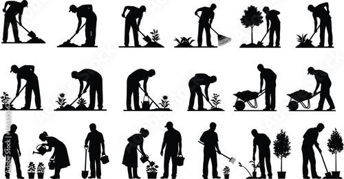 Gardening silhouettes set showing people planting digging watering raking trees flowers outdoor work black vector illustration isolated white background collection