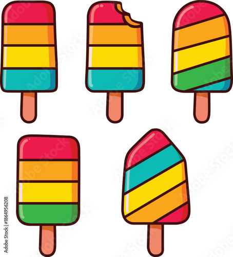 A delightful collection of vibrant striped popsicles in various fun shapes, perfect for summer
