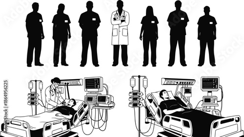 Medical team silhouettes and hospital intensive care patient treatment illustration showing doctors nurses healthcare staff and modern ICU equipment